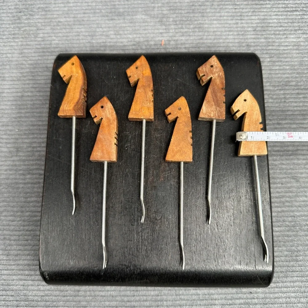 Vintage Wooden Horse Head Cocktail Picks Set of 6 Mid‎ Century Barware Appetizer